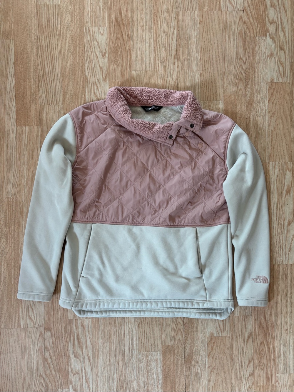 The North Face Pink and Cream Quilted Sherpa Pullover